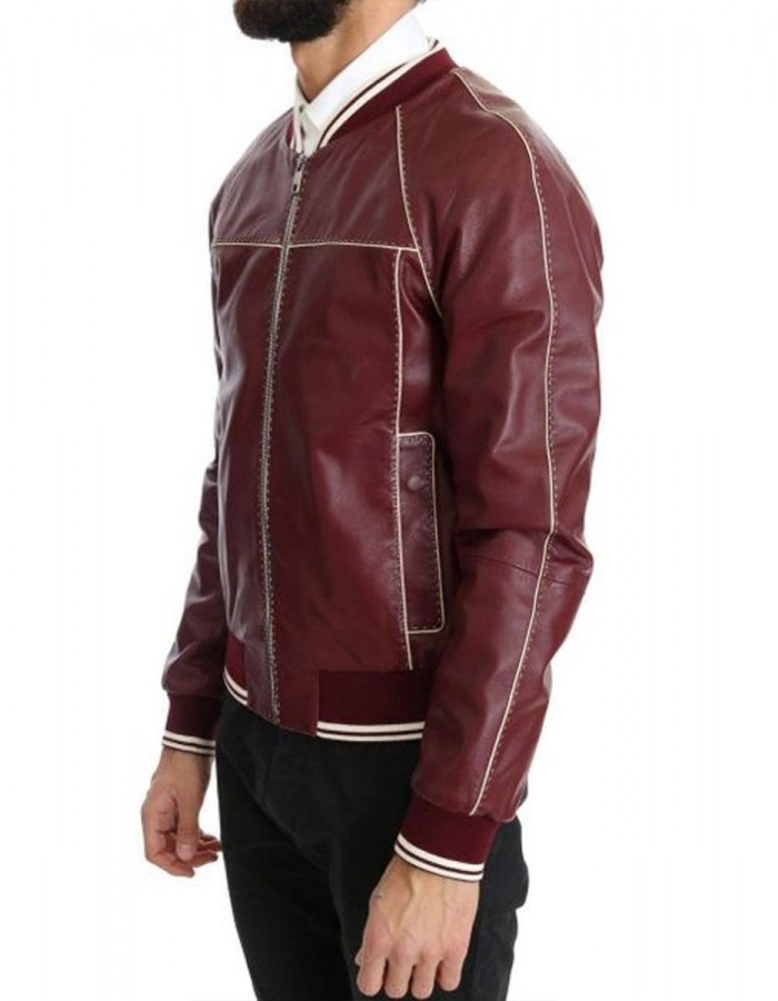 Men’s Stitched Bomber Maroon Leather Jacket Men’s Stitched Bomber Maroon Leather Jacket