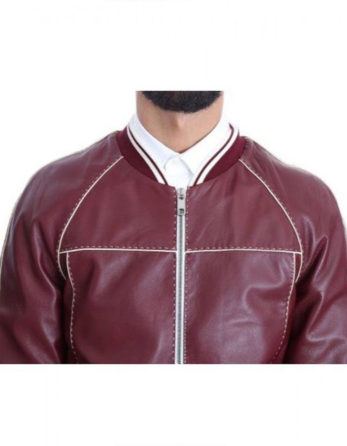 Men’s Stitched Bomber Maroon Leather Jacket Men’s Stitched Bomber Maroon Leather Jacket