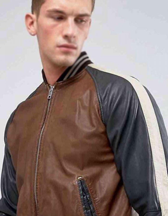 Men’s Truly Striped Bomber Faux Leather Jacket Men’s Truly Striped Bomber Faux Leather Jacket