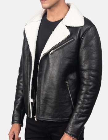 Men’s White Fur Black Leather Jacket