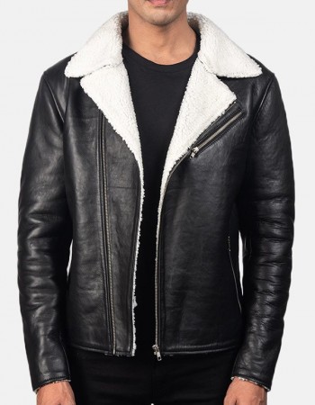 Men’s White Fur Black Leather Jacket Men’s White Fur Black Leather Jacket