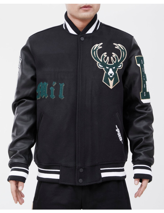 Milwaukee Bucks Old English Black Wool Varsity Jacket