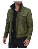 Moffit Distressed Dark Green Leather Jacket Mens