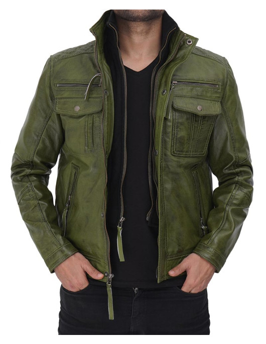 Moffit Distressed Dark Green Leather Jacket Mens