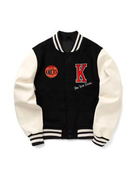 NY Knicks Black and Off-White Varsity Jacket
