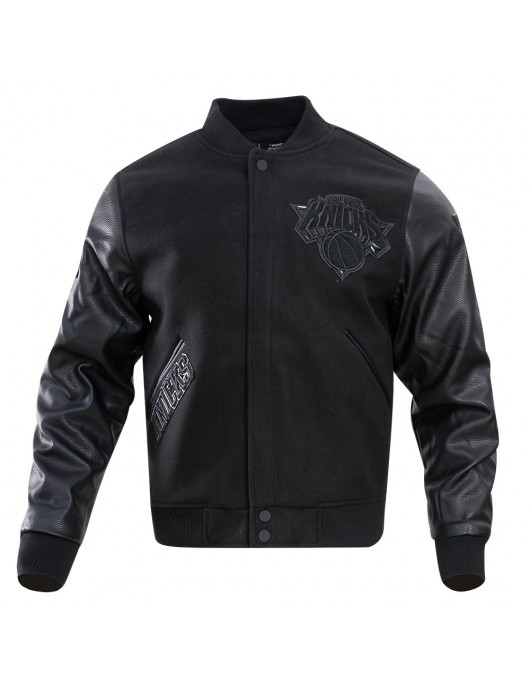 NY Knicks Wool/Leather All Black Varsity Jacket