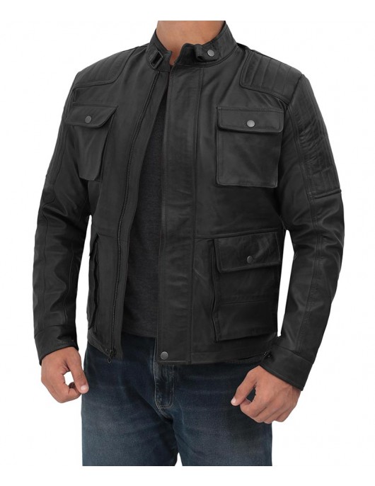Navan Mens Black Four Pocket Vintage Leather Jacket