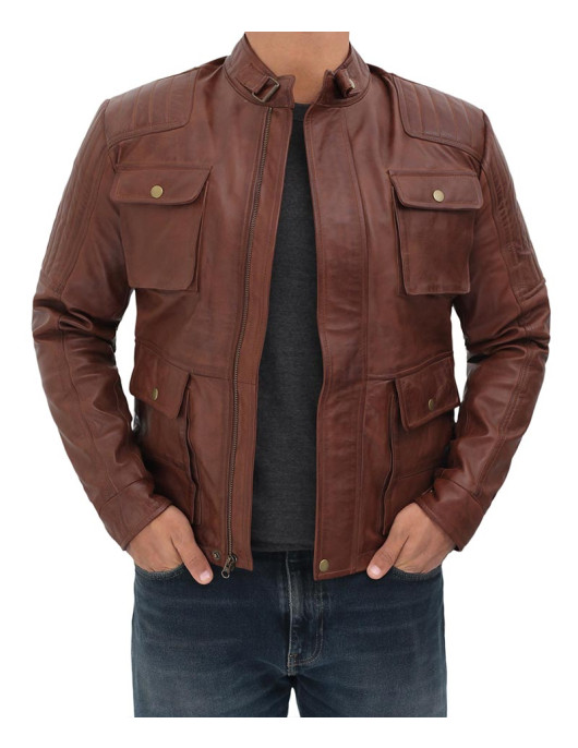 Navan Mens Brown Four Pocket Vintage Leather Jacket