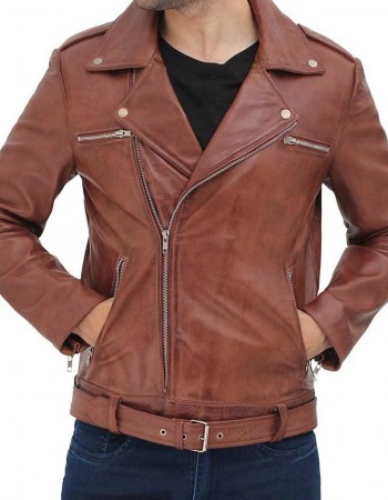 Negan Mens Brown Leather Motorcycle Jacket
