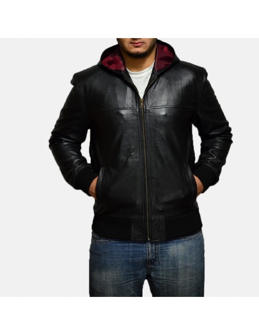 Nintenzo Black Hooded Leather Jacket