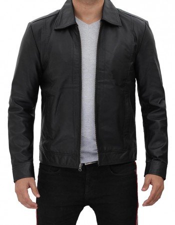 Reeves Black Vintage Shirt Collar Leather Jacket Mens