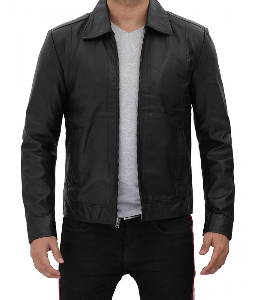 Reeves Black Vintage Shirt Collar Leather Jacket Mens - SB-010