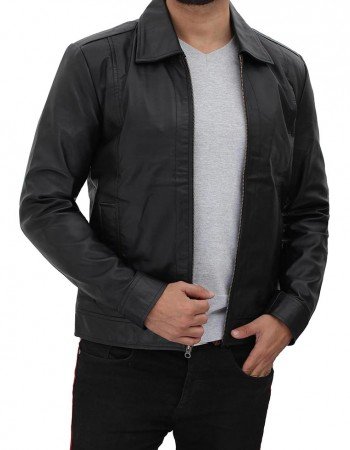 Reeves Black Vintage Shirt Collar Leather Jacket Mens Reeves Black Vintage Shirt Collar Leather Jacket Mens