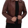 Reeves Brown Shirt Collar Front Zip Men Stylish Pebbled Leather Jacket