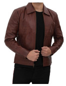 Reeves Brown Shirt Collar Front Zip Men Stylish Pebbled Leather Jacket