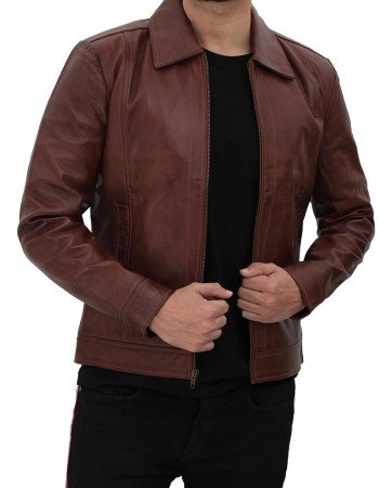 Reeves Brown Shirt Collar Front Zip Men Stylish Pebbled Leather Jacket Reeves Brown Shirt Collar Front Zip Men Stylish Pebbled Leather Jacket