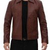 Reeves Brown Shirt Collar Front Zip Men Stylish Pebbled Leather Jacket