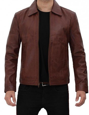 Reeves Brown Shirt Collar Front Zip Men Stylish Pebbled Leather Jacket