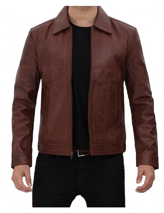 Reeves Brown Shirt Collar Front Zip Men Stylish Pebbled Leather Jacket