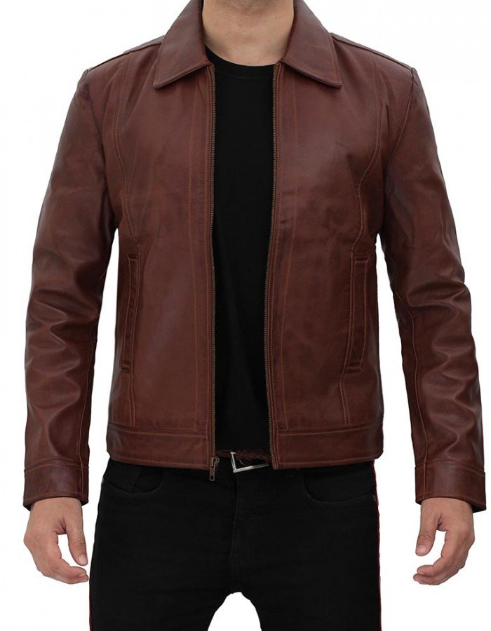 Reeves Brown Shirt Collar Front Zip Men Stylish Pebbled Leather Jacket