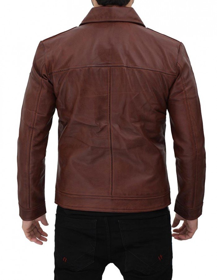 Reeves Brown Shirt Collar Front Zip Men Stylish Pebbled Leather Jacket