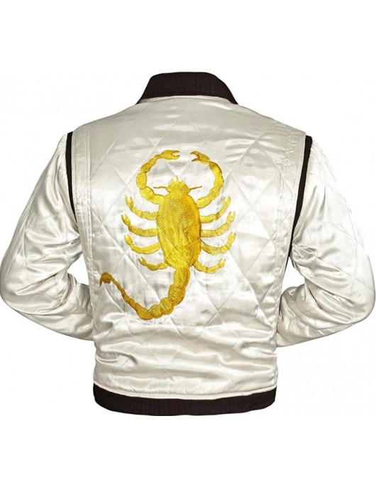 Ryan Gosling Drive Scorpion White Satin Lightweight Casual Bomber Varsity Sports Biker Drive Jacket