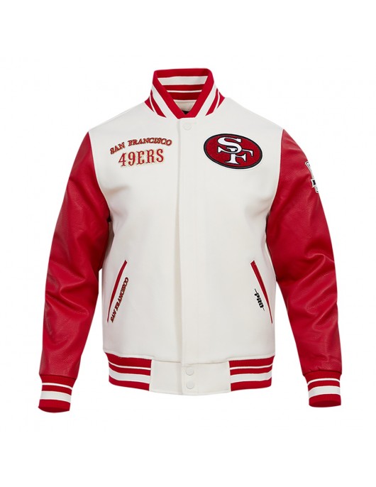 San Francisco 49ers Off White Wool And Red Leather Varsity Jacket