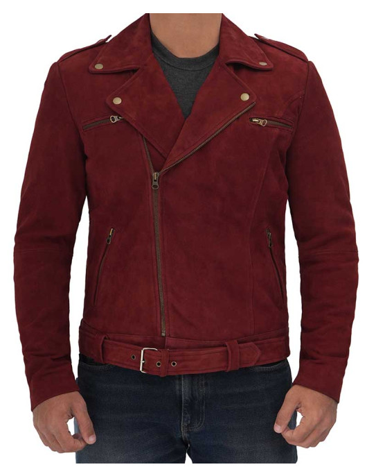 Sean Maroon Suede Biker Jacket Men