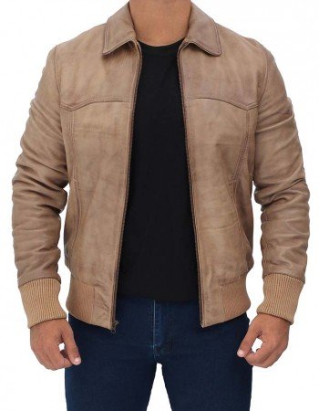 Steven Mens Beige Leather Bomber Jacket