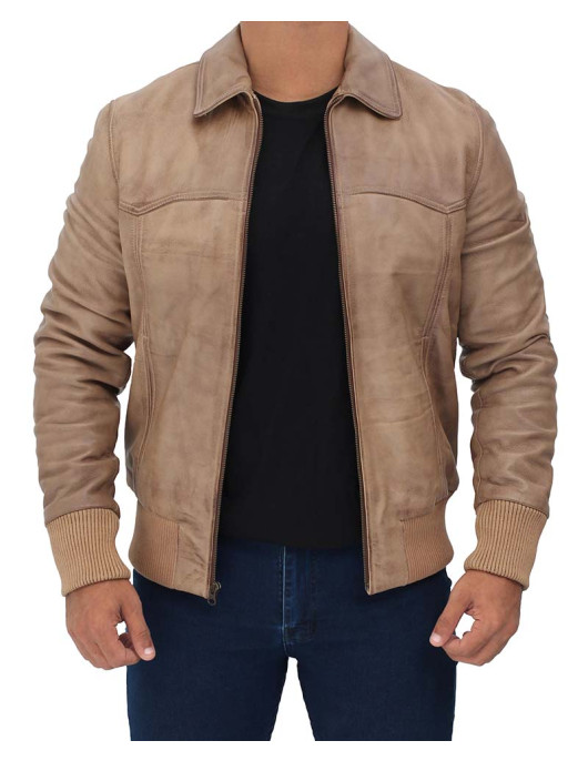 Steven Mens Beige Leather Bomber Jacket