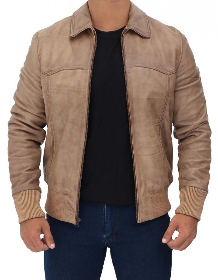 Steven Mens Beige Leather Bomber Jacket Steven Mens Beige Leather Bomber Jacket