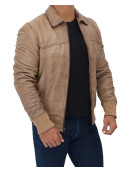 Steven Mens Beige Leather Bomber Jacket