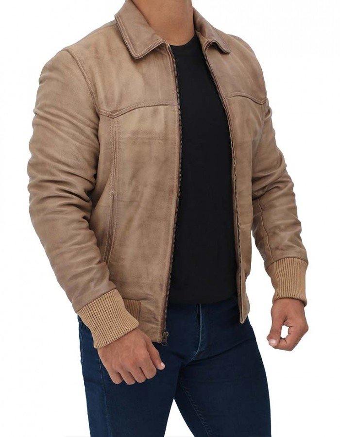 Steven Mens Beige Leather Bomber Jacket Steven Mens Beige Leather Bomber Jacket