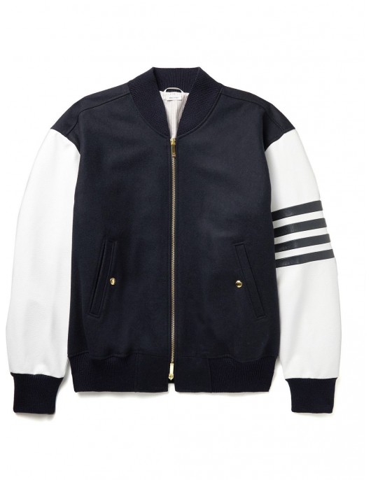 Striped Melton Wool and Leather Bomber Jacket