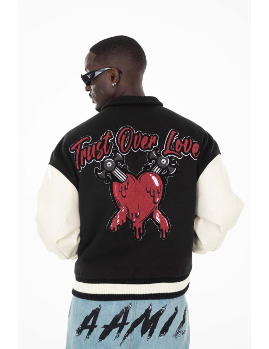 TRUST OVER LOVE BLACK VARSITY JACKET