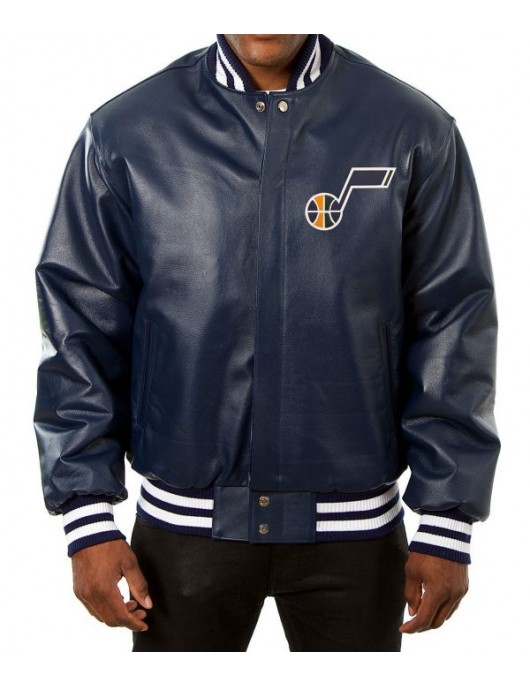 Utah Jazz Navy Blue Varsity Leather Jacket