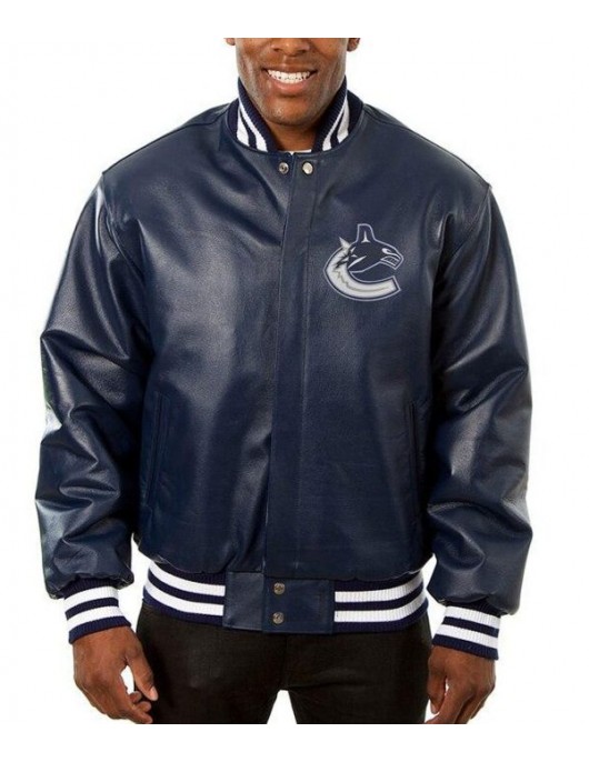 Vancouver Canucks Navy Blue Varsity Leather Jacket