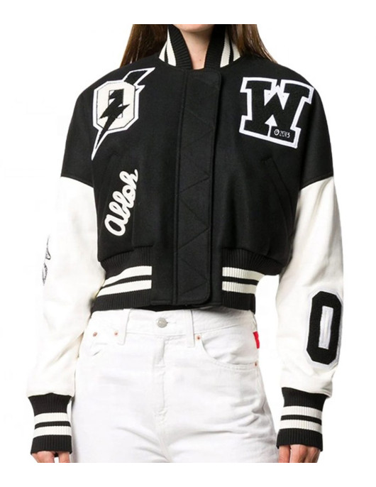 Varsity Off White Cropped Black and White Jacket