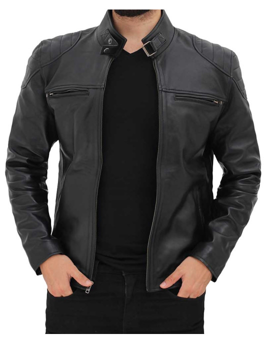 Vermont Black Leather Cafe Racer Motorcycle Jacket