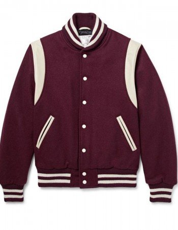 Virgin Leather Trimmed Wool Bomber Burgundy Teddy Jacket