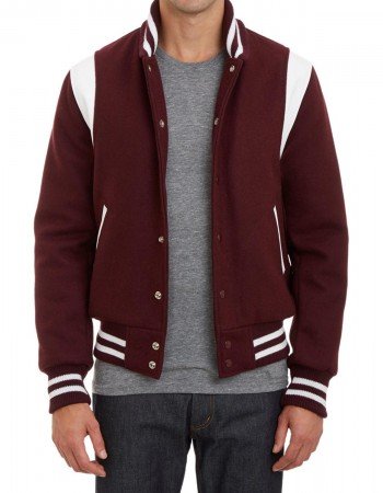 Virgin Leather Trimmed Wool Bomber Burgundy Teddy Jacket
