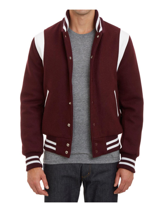 Virgin Leather Trimmed Wool Bomber Burgundy Teddy Jacket