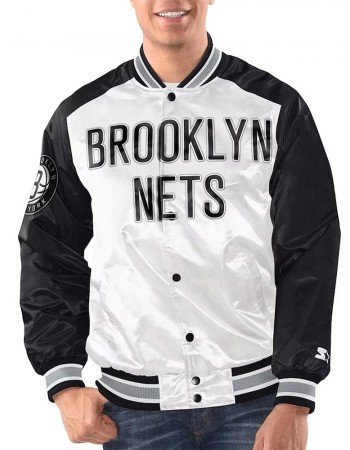 White/Black Brooklyn Nets Renegade Varsity Satin Jacket
