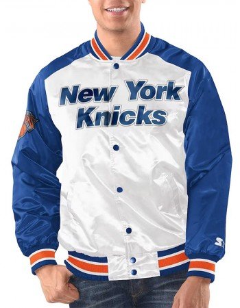White/Blue New York Knicks Renegade Varsity Satin Jacket