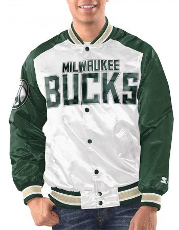 White/Hunter Green Milwaukee Bucks Renegade Varsity Satin Jacket