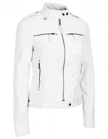White Zipper Pockets Leather Jacket