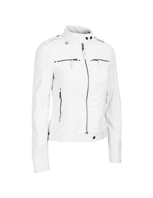 White Zipper Pockets Leather Jacket