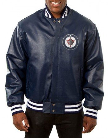 Winnipeg Jets Navy Blue Varsity Leather Jacket