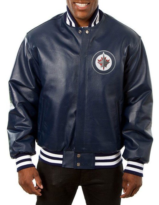 Winnipeg Jets Navy Blue Varsity Leather Jacket