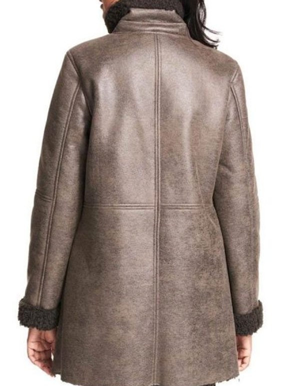 Women Asymmetrical Zip Shearling Leather Coat